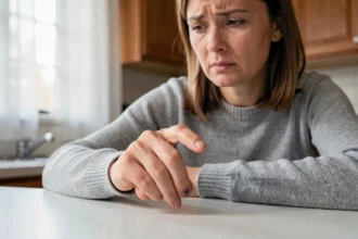 Femme examinant son doigt avec un ongle abîmé après un choc, signe d'une possible atteinte de la matrice de l'ongle
