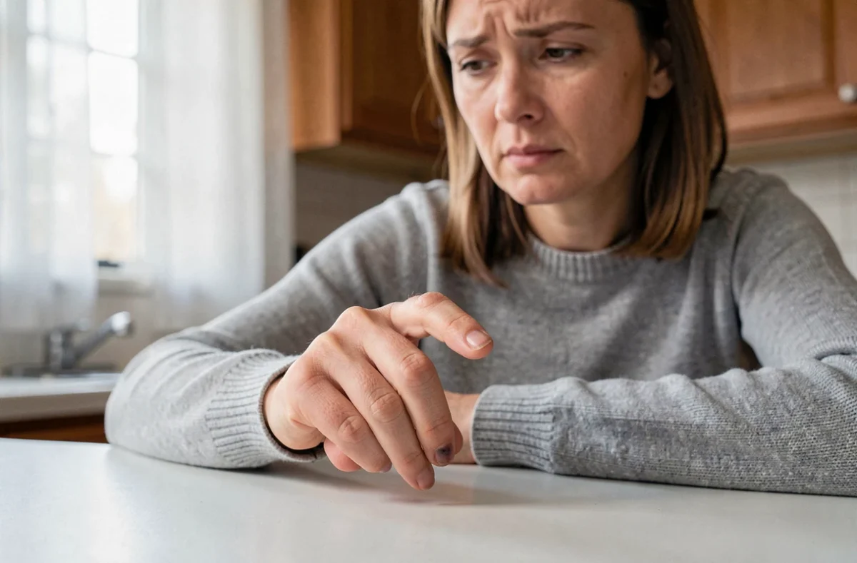 Femme examinant son doigt avec un ongle abîmé après un choc, signe d'une possible atteinte de la matrice de l'ongle