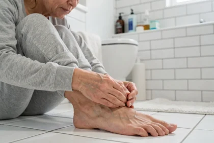 Femme examinant son ongle de pied décollé dans une salle de bain, gros plan sur le pied nu posé sur du carrelage blanc