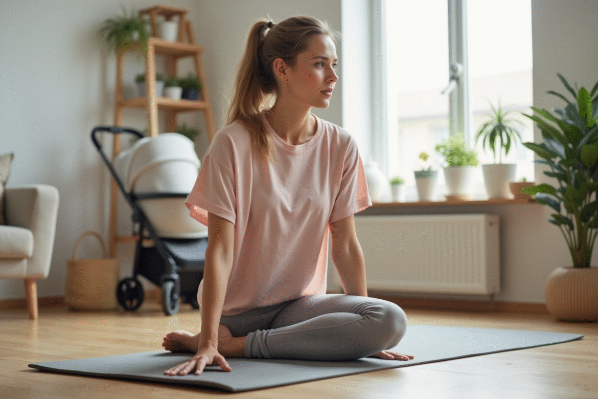 Femme faisant des exercices abdominaux dans un salon cosy