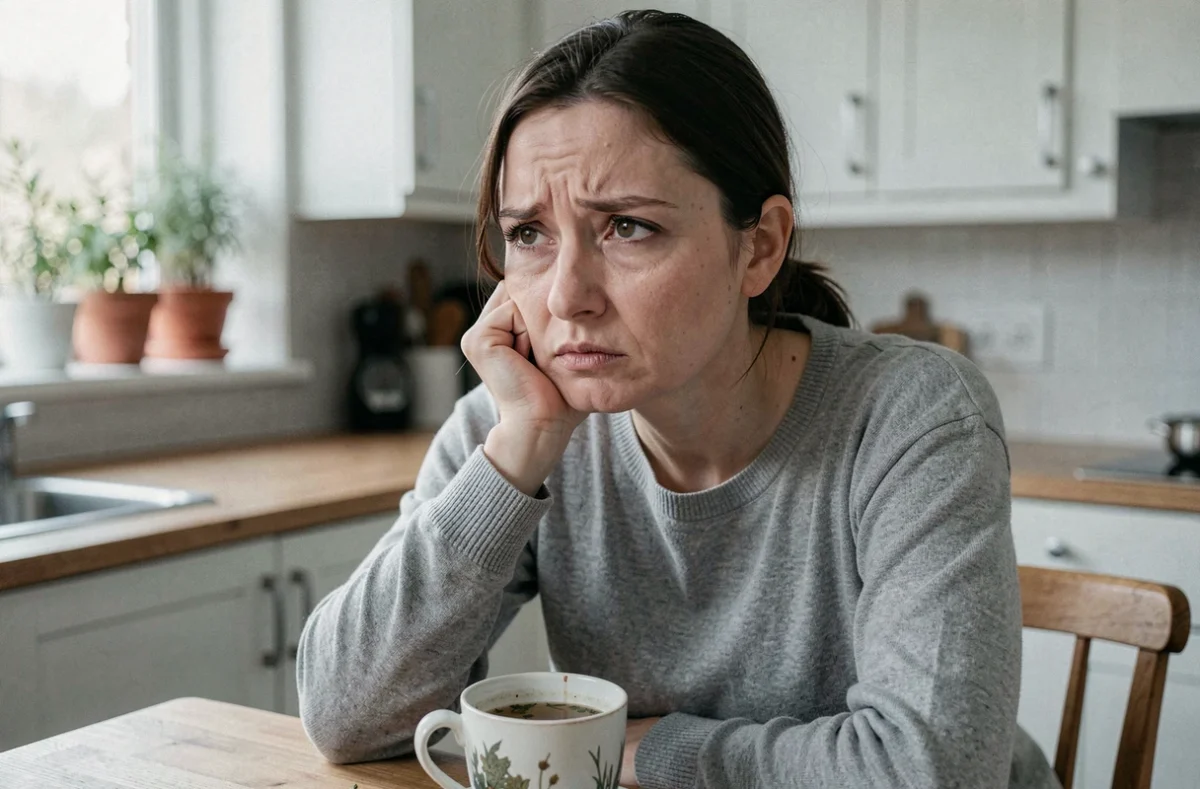 Femme fatiguée avec carence en fer assise à la cuisine, teint pâle et cernes marqués, illustrant les symptômes d'une ferritine basse