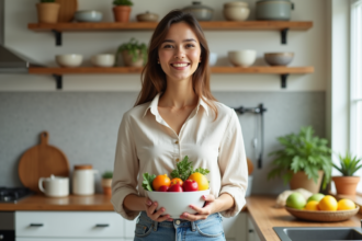 Jeune femme souriante avec fruits et légumes frais en cuisine
