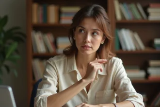 Femme se grattant la main gauche à son bureau, interrogative sur la signification de ce signe ou symptôme