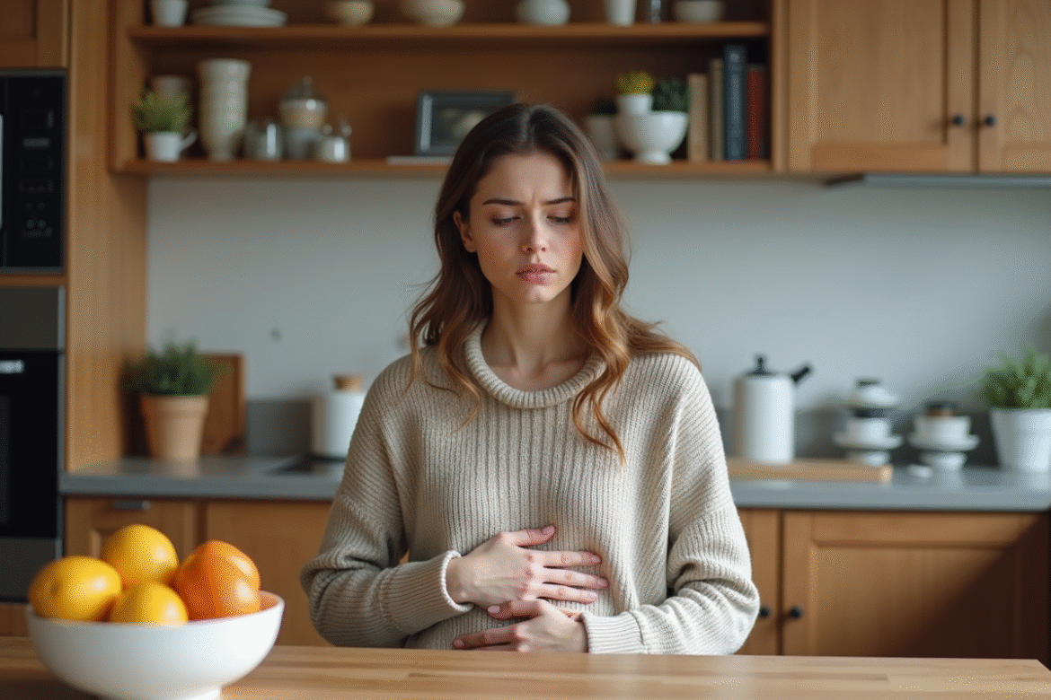 Jeune femme inquiète dans sa cuisine avec vitamines