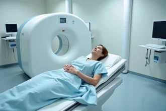 Femme claustrophobe allongée dans un IRM ouvert à grand diamètre dans une salle de radiologie moderne