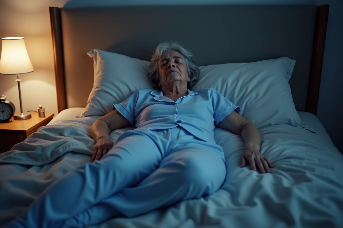 Femme allongée dans son lit la nuit avec les jambes surélevées, tentant de soulager une douleur vasculaire nocturne