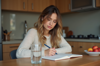 Femme en cuisine journalisant dans un cadre cosy