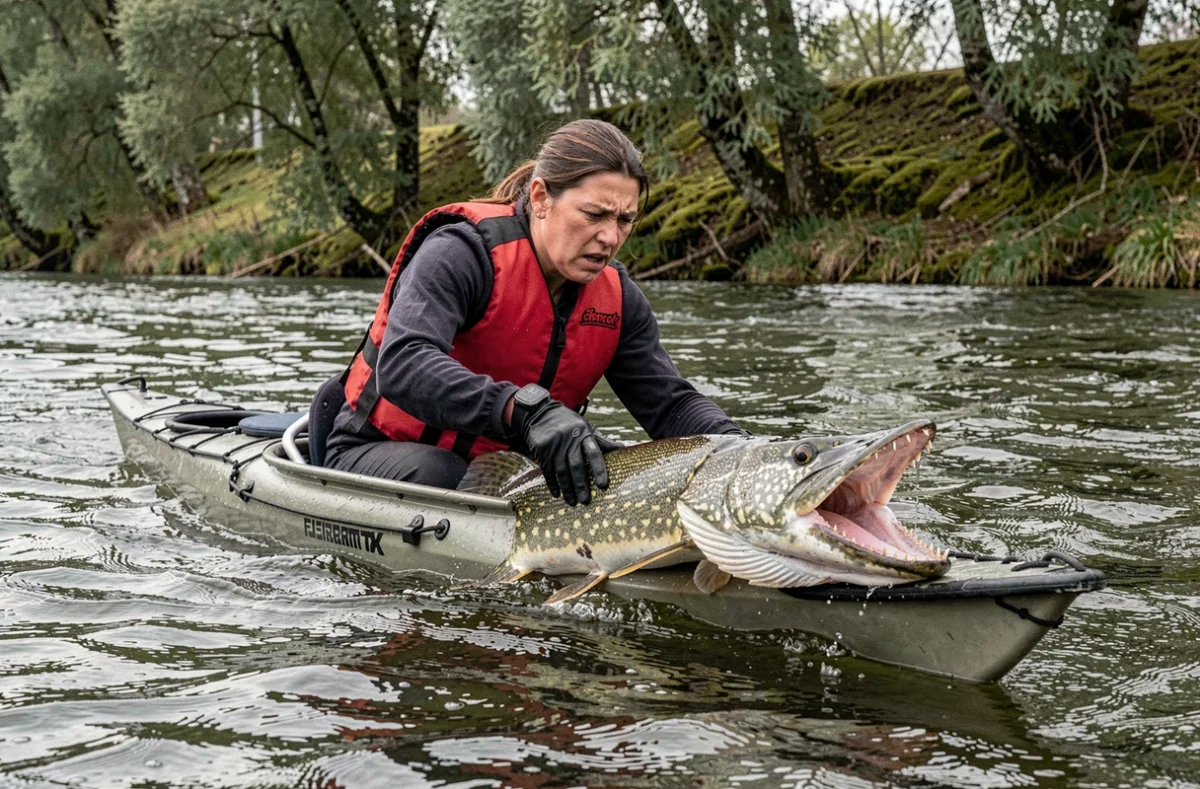 Femme en kayak de pêche gérant un brochet agité avec des dents visibles, risques de morsure en eaux vives