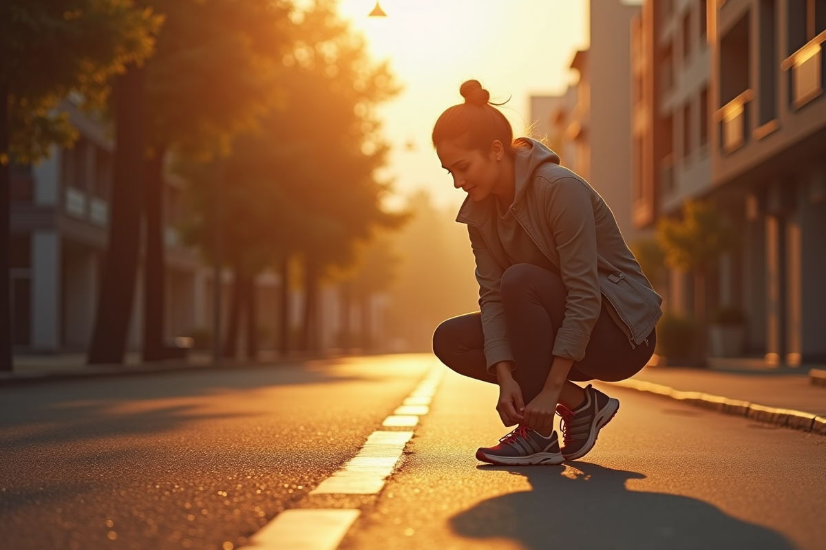 Femme de quarante ans nouant ses chaussures au lever du soleil