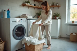 Jeune femme triant du linge dans une buanderie moderne