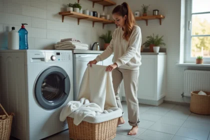 Jeune femme triant du linge dans une buanderie moderne