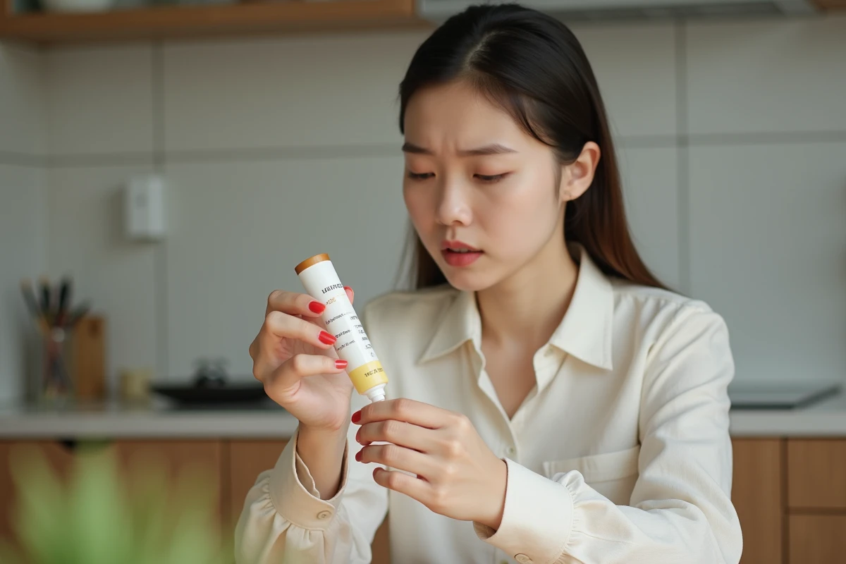 Femme asiatique lisant attentivement les contre-indications inscrites sur un inhaleur yadom thaïlandais dans une cuisine moderne