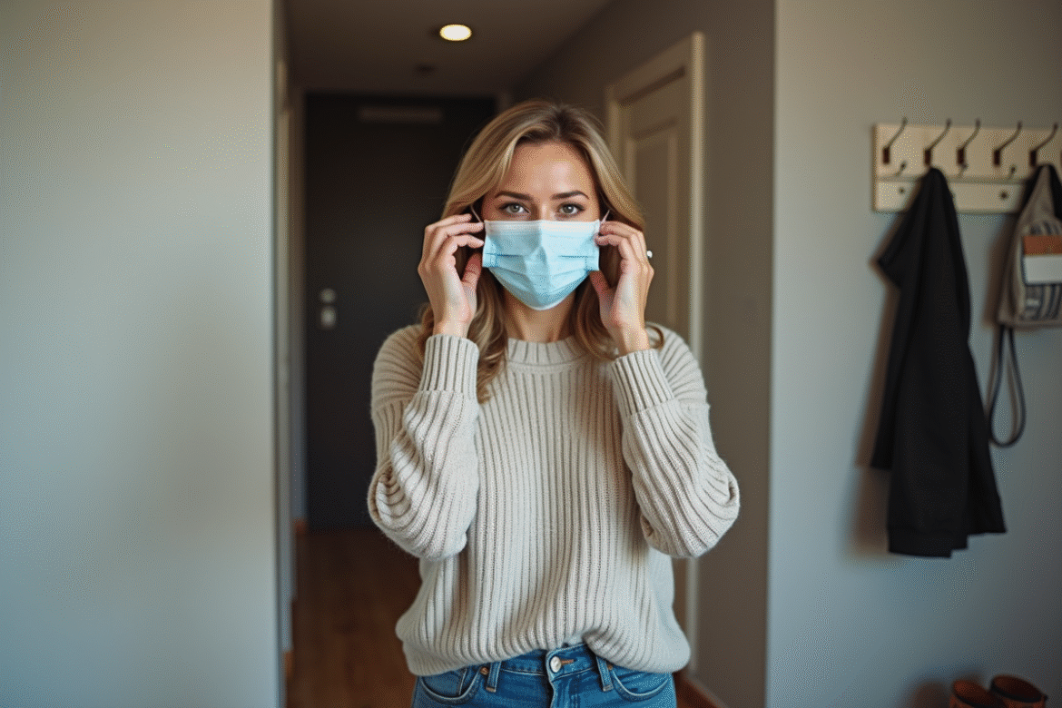 Femme portant un masque médical à l'entrée d'un appartement