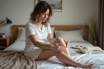 Femme d'âge moyen se massant la jambe dans son lit