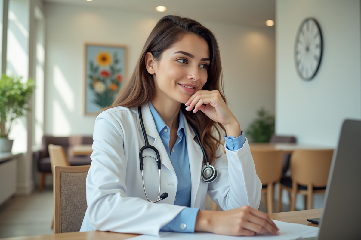 Jeune medecin en consultation dans une salle d attente lumineuse