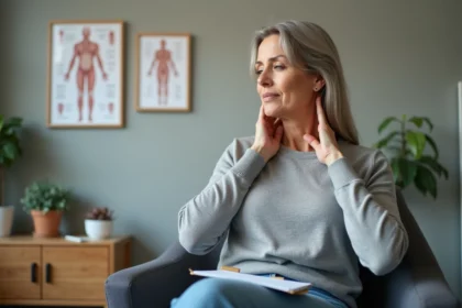 Femme d'âge moyen en salle médicale attentive et préoccupée