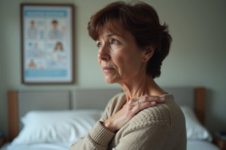 Femme d'âge moyen touchant son dos dans un cadre domestique