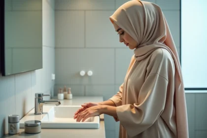 Femme musulmane en hijab pastel se lave les bras dans la salle de bain