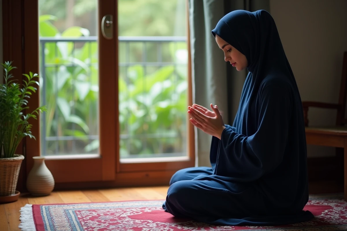 Jeune femme musulmane prie assise sur un tapis dans un intérieur calme