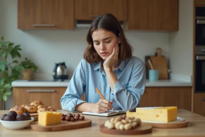 Jeune femme note dans un carnet avec des aliments riches en calories
