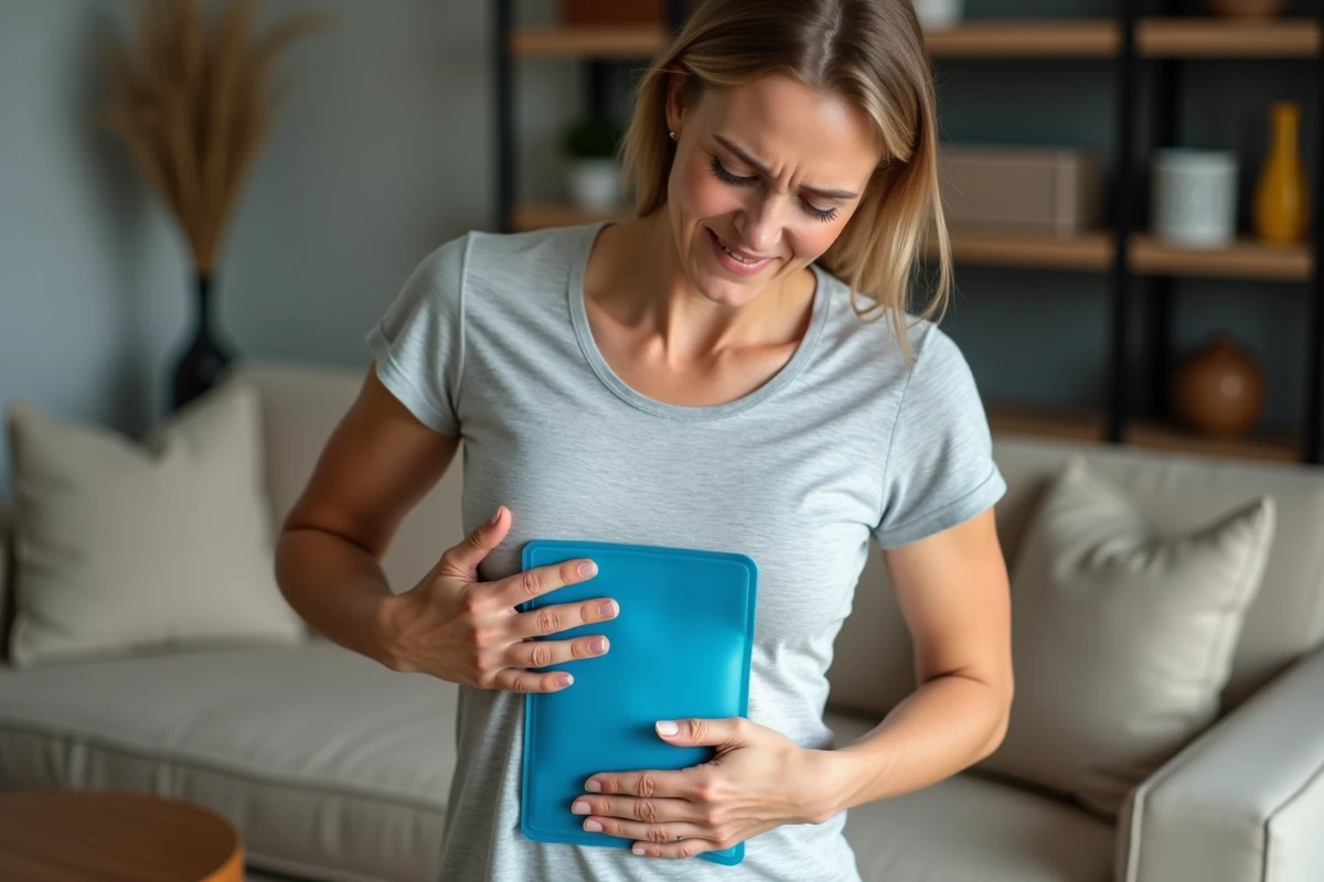 Femme appliquant une poche de glace froide sur ses côtes pour soulager une douleur intercostale à domicile