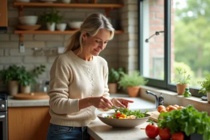 Femme en cuisine préparant une salade fraîchement faite