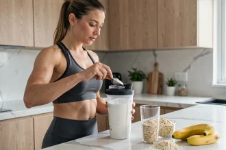 Femme sportive préparant une shaker de whey protéine dans une cuisine moderne pour accompagner sa perte de poids