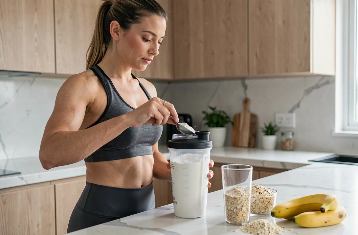 Femme sportive préparant une shaker de whey protéine dans une cuisine moderne pour accompagner sa perte de poids