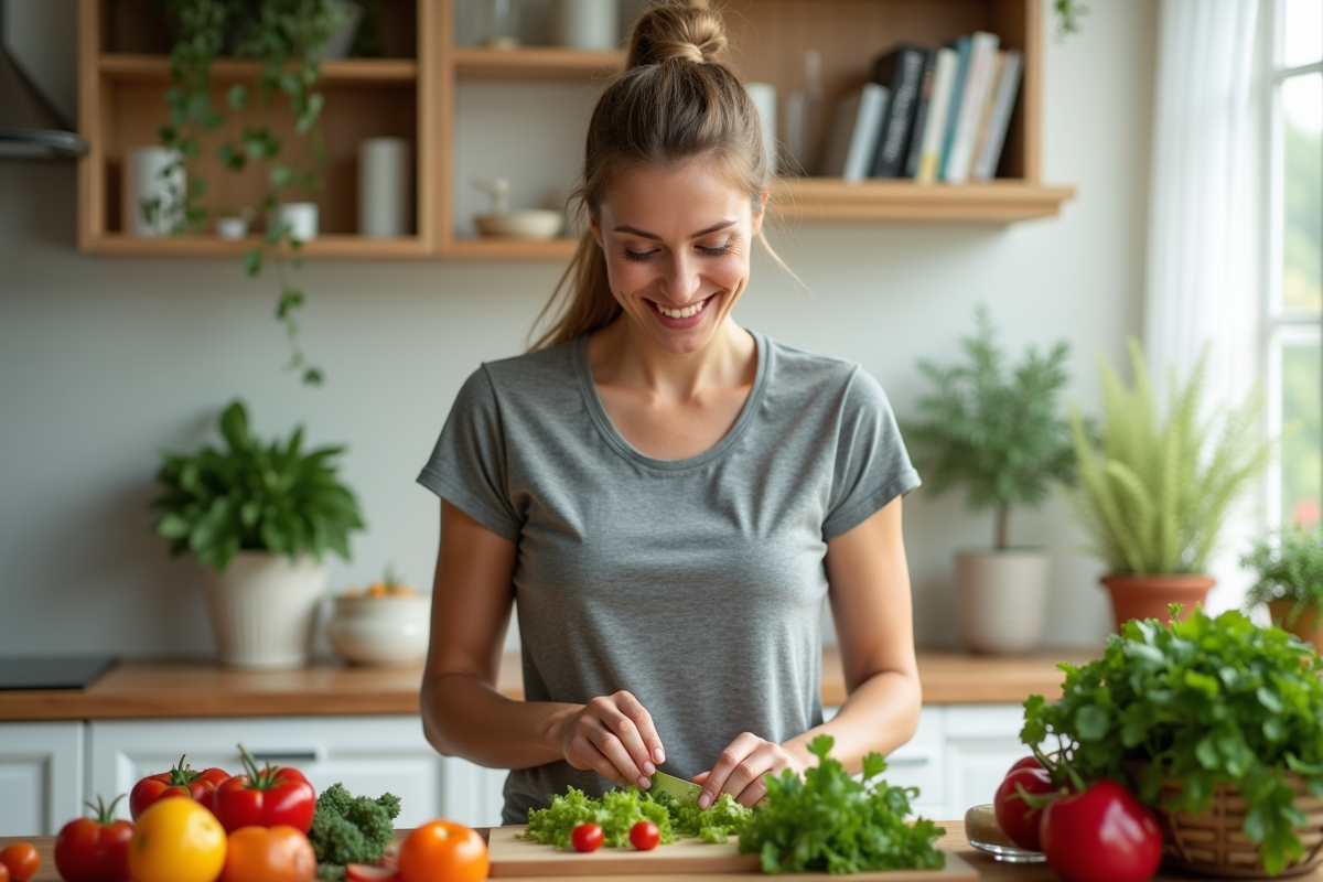 Femme en cuisine préparant une salade colorée