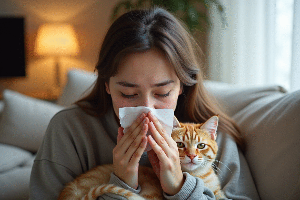 Jeune femme assise sur un canapé avec un chat et des mouchoirs