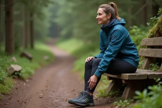 Femme assise sur un banc en forêt se massant le talon