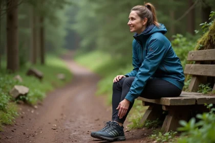 Femme assise sur un banc en forêt se massant le talon