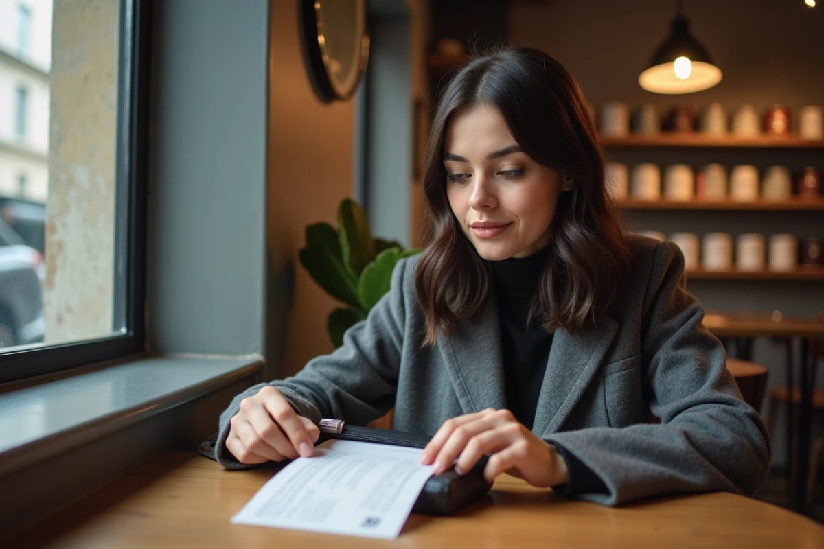 Jeune femme surprise regarde un reçu dans un café à Luxembourg