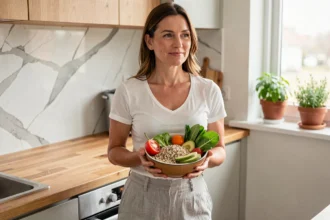 Femme tenant un bol de légumes frais et quinoa dans une cuisine moderne pour illustrer le rééquilibrage alimentaire