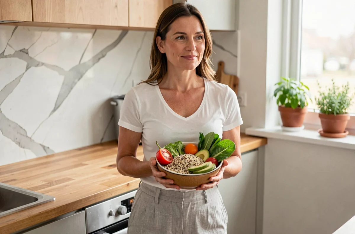 Femme tenant un bol de légumes frais et quinoa dans une cuisine moderne pour illustrer le rééquilibrage alimentaire