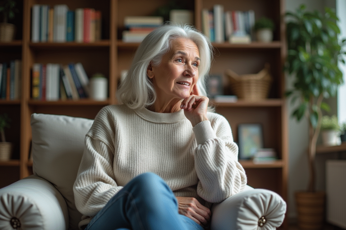 Femme d'âge moyen pensant dans un salon cosy