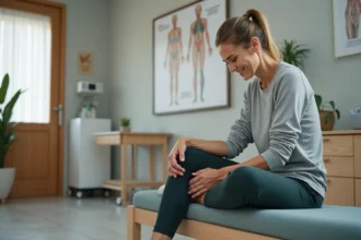 Femme en salle d'orthopédie massant son genou