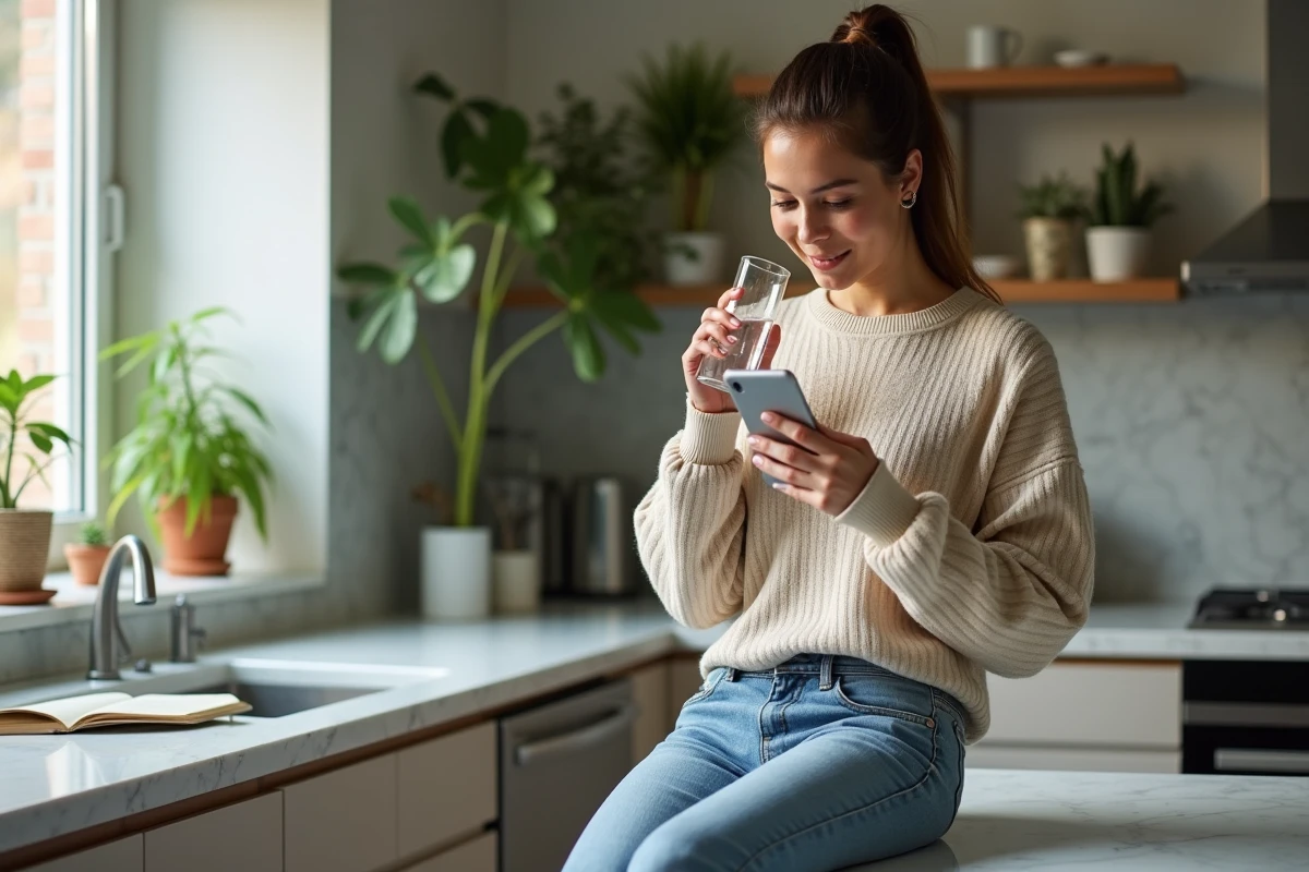 Jeune femme détendue regardant son smartphone dans la cuisine