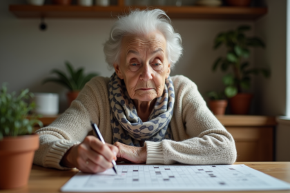 Femme âgée concentrée sur un puzzle dans une cuisine chaleureuse