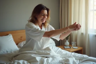 Femme au réveil se tenant le bras engourdi, illustrant les fourmis dans les bras liées à une mauvaise posture de sommeil