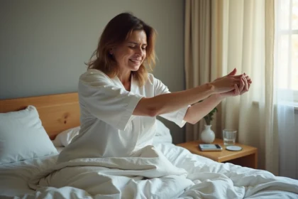 Femme au réveil se tenant le bras engourdi, illustrant les fourmis dans les bras liées à une mauvaise posture de sommeil