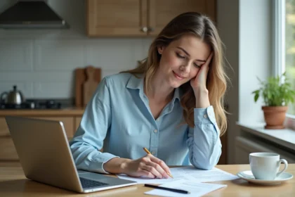 Femme en cuisine examine ses résultats sur ordinateur