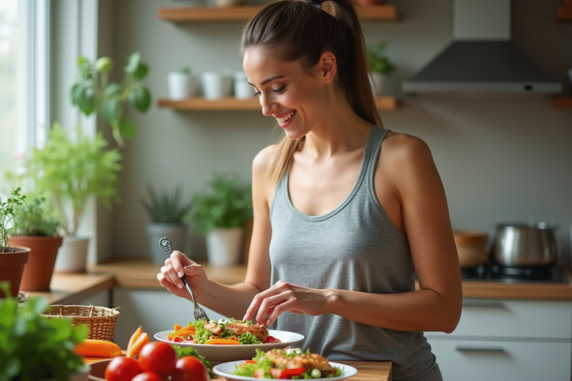 Femme en sport préparant une salade colorée dans une cuisine moderne