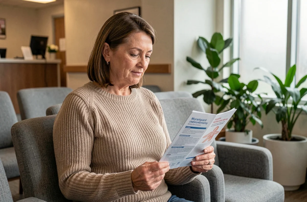 Femme lisant une brochure médicale en salle d'attente gynécologique avant un bilan utérin