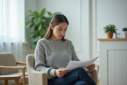 Femme inquiète en salle d'attente gynécologique tenant une brochure médicale, illustrant les préoccupations liées aux mycoplasmes chez la femme
