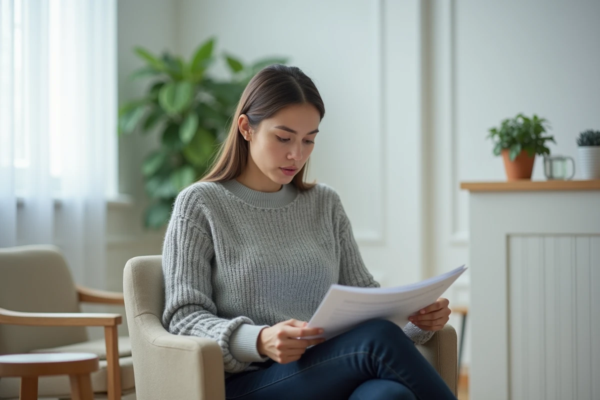 Femme inquiète en salle d'attente gynécologique tenant une brochure médicale, illustrant les préoccupations liées aux mycoplasmes chez la femme