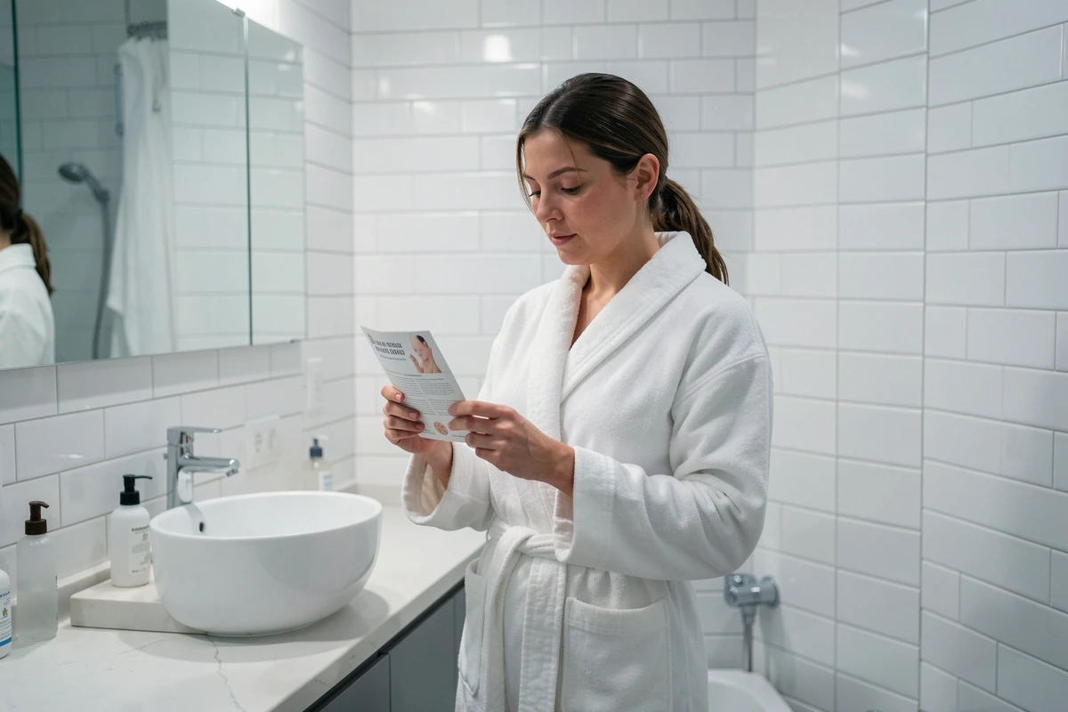 Femme en robe de bain consultant une brochure sur la santé cutanée dans une salle de bain domestique moderne