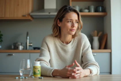 Femme détendue regardant une bouteille de compléments naturels