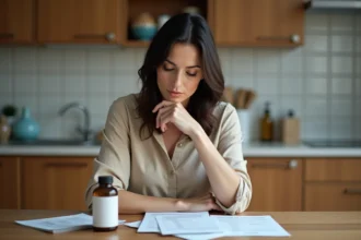 Femme examinant un complément alimentaire dans la cuisine