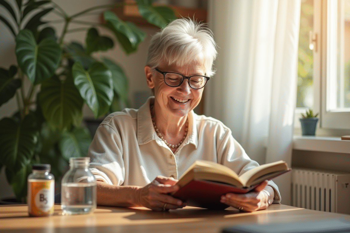 Femme senior souriante lisant un livre dans un salon lumineux